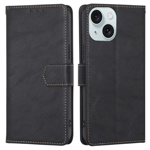 For iPhone 15 Plus Magnetic Clasp Folio Flip PU Leather Wallet Case Anti-scratch Cell Phone Stand Cover - Black - 1