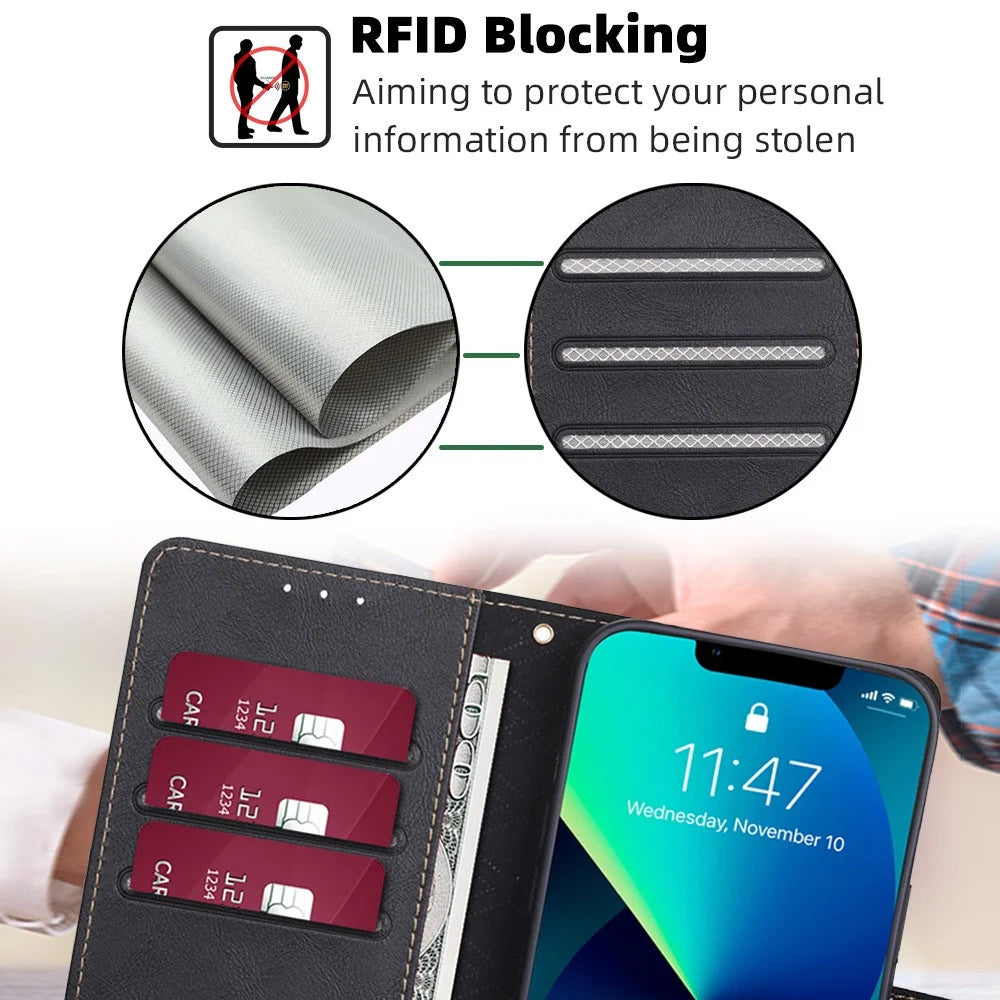 For iPhone 15 Plus Magnetic Clasp Folio Flip PU Leather Wallet Case Anti-scratch Cell Phone Stand Cover - Black - 5