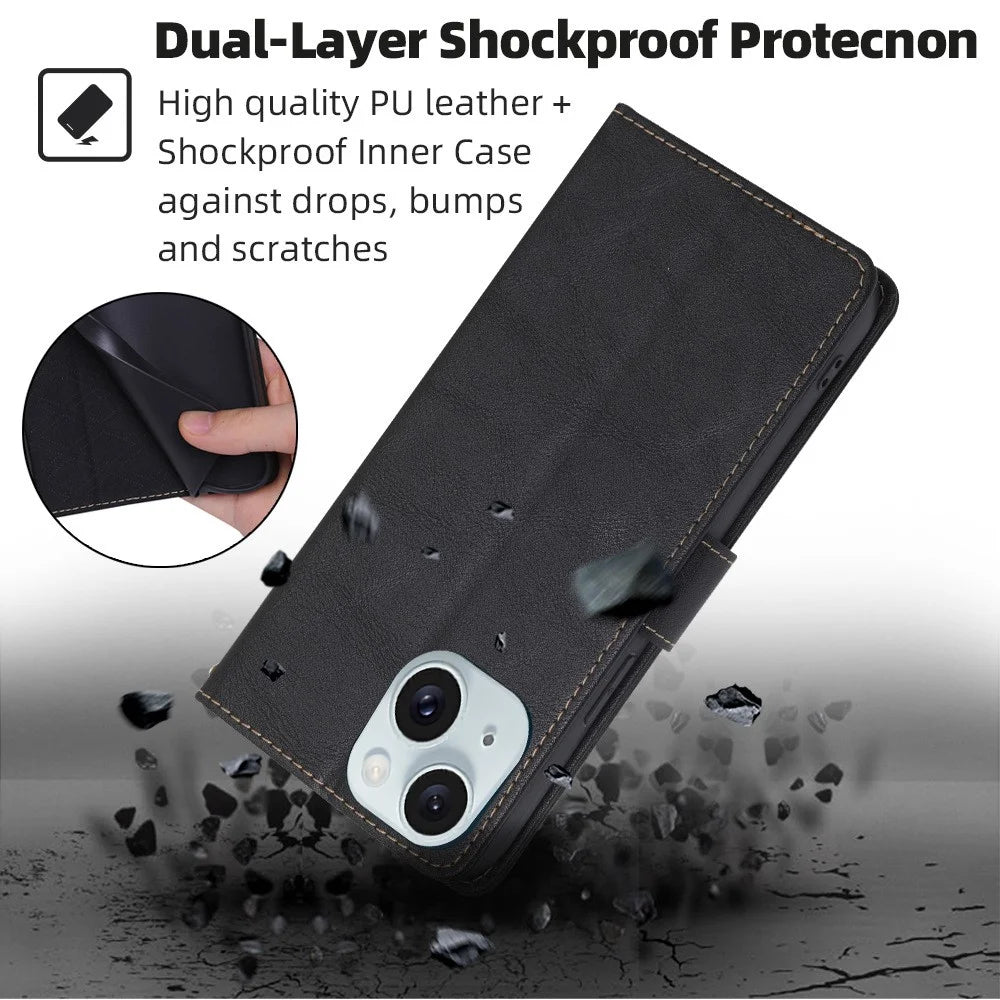 For iPhone 15 Plus Magnetic Clasp Folio Flip PU Leather Wallet Case Anti-scratch Cell Phone Stand Cover - Black - 7