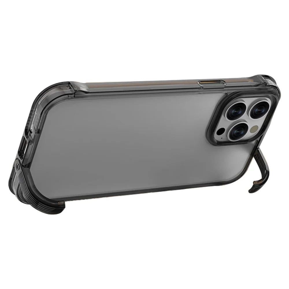 For iPhone 15 Pro Anti-drop PC+TPU Cell Phone Case Clear Concealed Kickstand Back Cover - Transparent Black - 1
