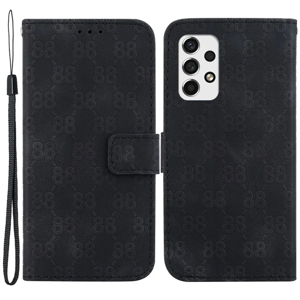 Double 8-Shape Imprinted PU Leather Case for Samsung Galaxy A53 5G Anti-Drop Wallet Phone Case with Strap - Black - 1
