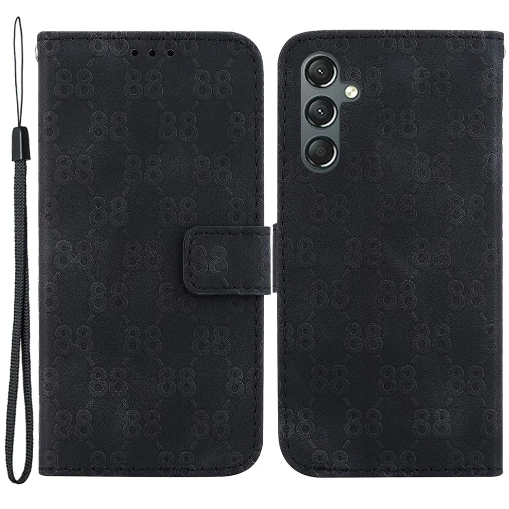 For Samsung Galaxy A24 4G (162.1 x 77.6 x 8.3mm) Double 8-Shape Imprinted Leather Wallet Stand Phone Case - Black - 1