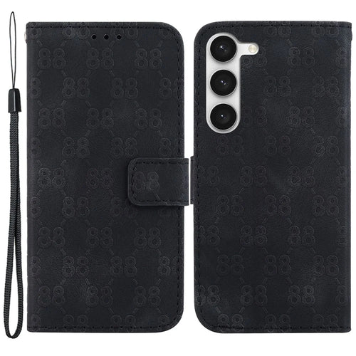 For Samsung Galaxy S23 Double 8-Shape Imprint Phone Leather Case Wallet Stand Cover with Strap - Black - 1