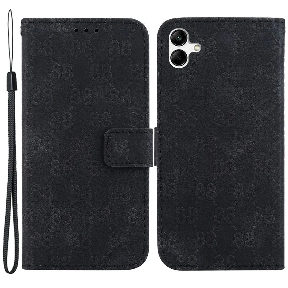 For Samsung Galaxy A04e 4G / F04 4G / M04 4G Drop-proof Stand Leather Wallet Cover Double 8-Shape Imprint Phone Case - Black - 1