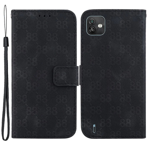 For Wiko Y82 PU Leather Protective Case Wallet Stand 8-Shape Imprinted Phone Cover - Black - 1