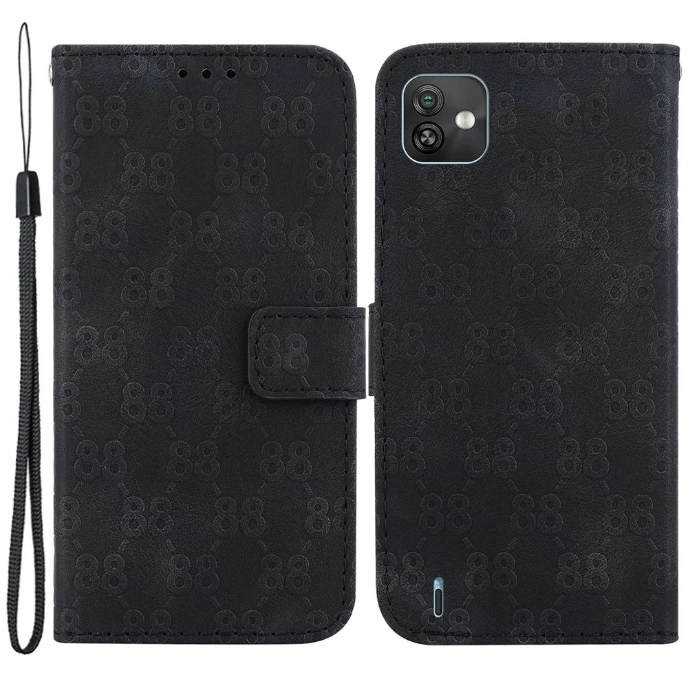 For Wiko Y82 PU Leather Protective Case Wallet Stand 8-Shape Imprinted Phone Cover - Black - 1