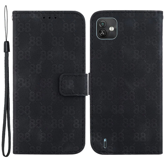 For Wiko Y82 PU Leather Protective Case Wallet Stand 8-Shape Imprinted Phone Cover - Black - 1