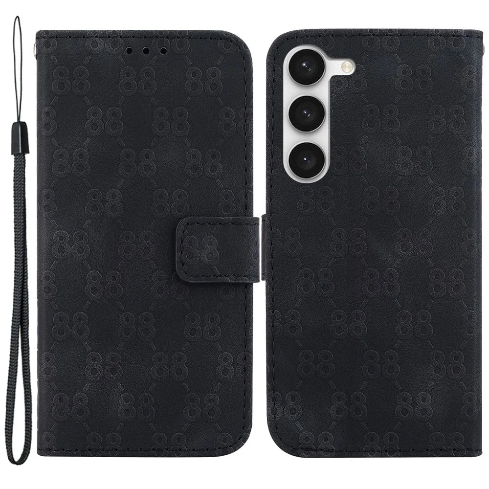 PU Leather Case for Samsung Galaxy S23+ , 8-Shape Imprinted Stand Folio Flip Wallet Phone Cover - Black - 1