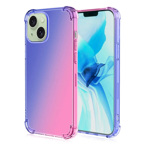 For iPhone 15 Four Corner Anti-drop Phone Case Gradient Color TPU Phone Back Cover - Blue / Pink - 1