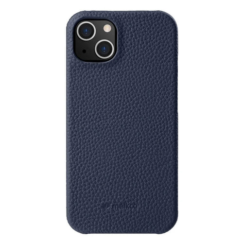 MELKCO For iPhone 15 Plus Microfiber Lining Cover Genuine Cow Leather Coated PC Incomplete Phone Case - Dark Blue - 1