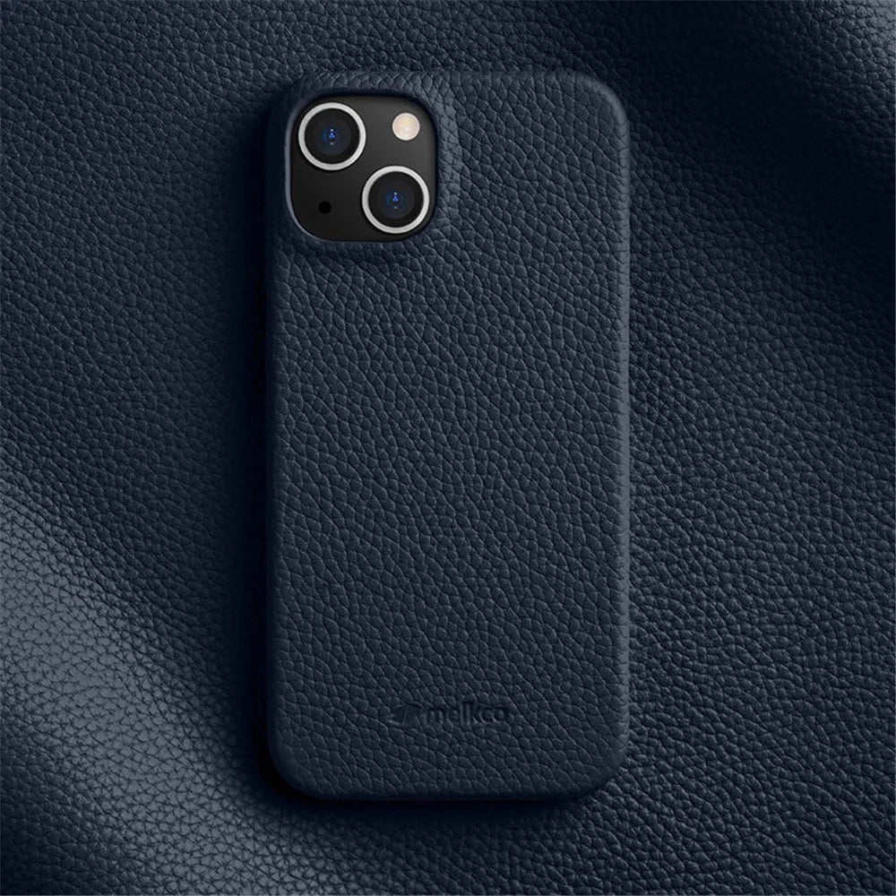 MELKCO For iPhone 15 Plus Microfiber Lining Cover Genuine Cow Leather Coated PC Incomplete Phone Case - Dark Blue - 2