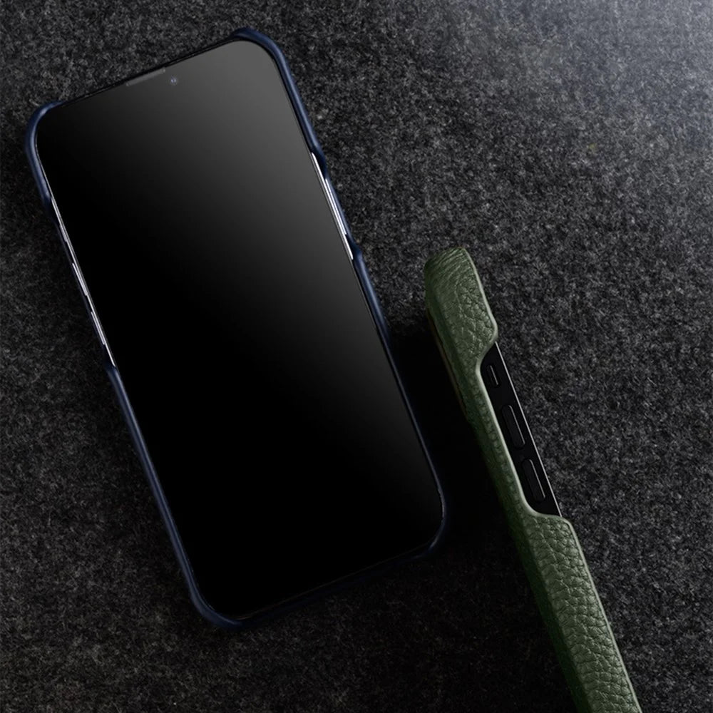 MELKCO For iPhone 15 Plus Microfiber Lining Cover Genuine Cow Leather Coated PC Incomplete Phone Case - Dark Blue - 3