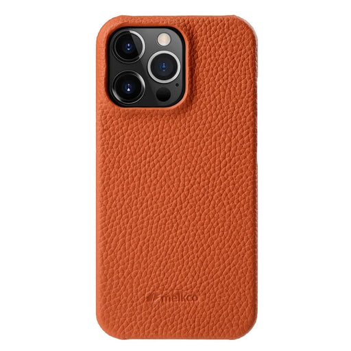 MELKCO Microfiber Lining Cover for iPhone 15 Pro , Genuine Cow Leather Coated PC Incomplete Phone Case - Orange - 1