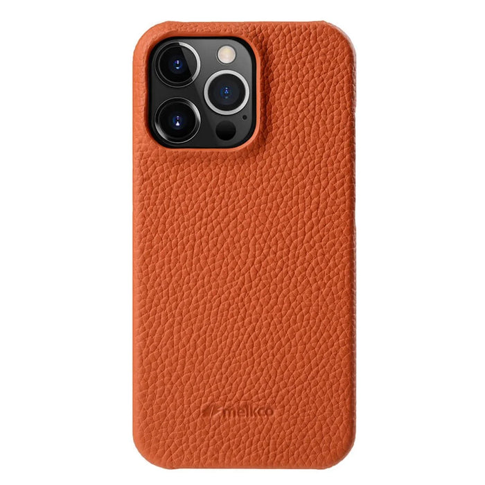 MELKCO Microfiber Lining Cover for iPhone 15 Pro , Genuine Cow Leather Coated PC Incomplete Phone Case - Orange - 1