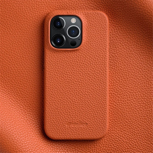 MELKCO Microfiber Lining Cover for iPhone 15 Pro , Genuine Cow Leather Coated PC Incomplete Phone Case - Orange - 2
