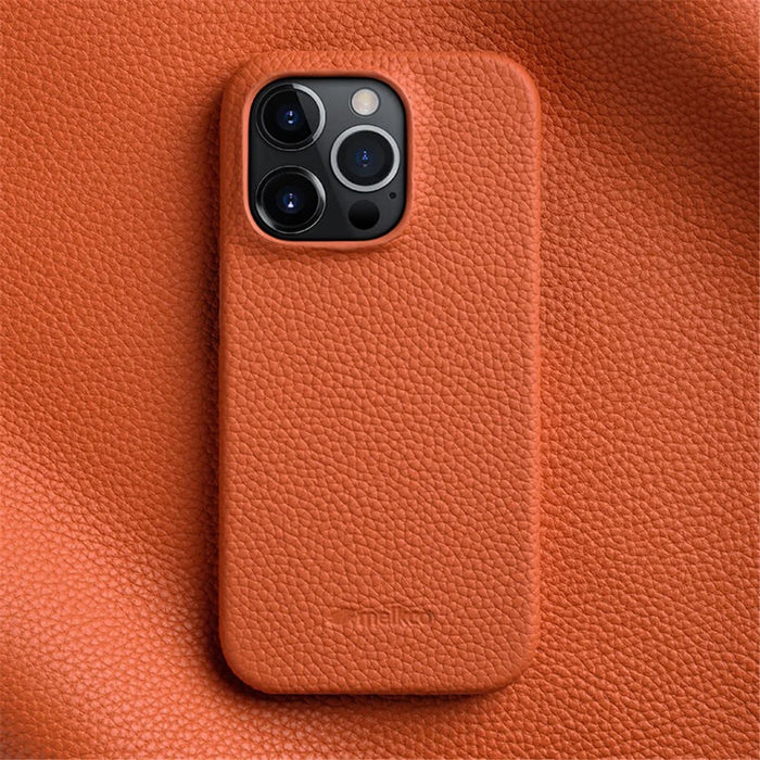 MELKCO Microfiber Lining Cover for iPhone 15 Pro , Genuine Cow Leather Coated PC Incomplete Phone Case - Orange - 2