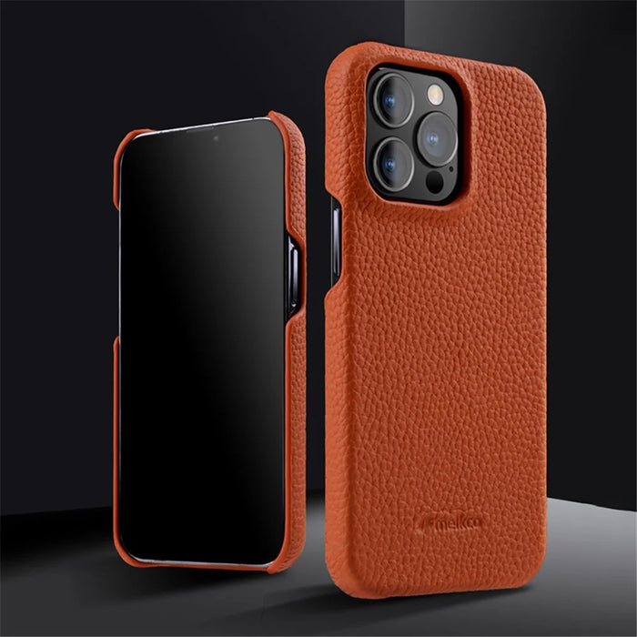 MELKCO Microfiber Lining Cover for iPhone 15 Pro , Genuine Cow Leather Coated PC Incomplete Phone Case - Orange - 3