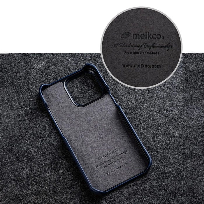 MELKCO Microfiber Lining Cover for iPhone 15 Pro , Genuine Cow Leather Coated PC Incomplete Phone Case - Orange - 6