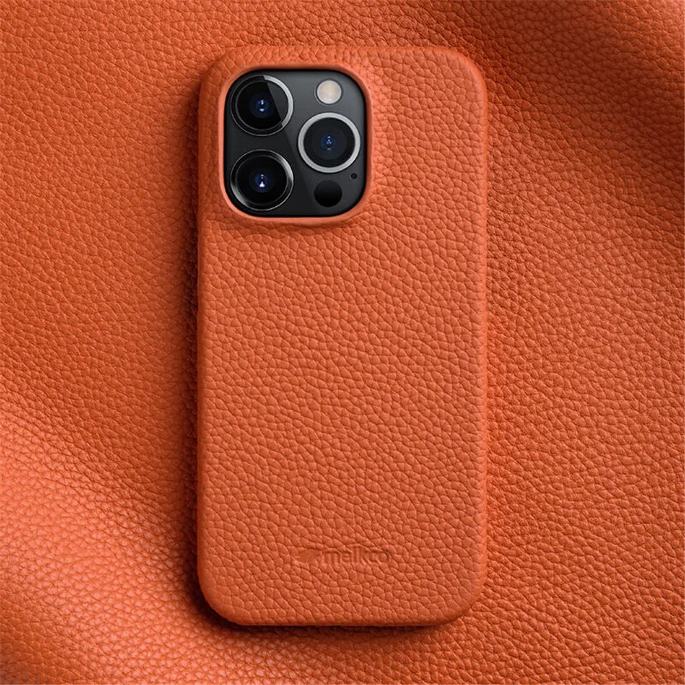 MELKCO Incomplete Protective Cover for iPhone 15 Pro Max , Genuine Cow Leather Coated PC Phone Case - Orange - 2