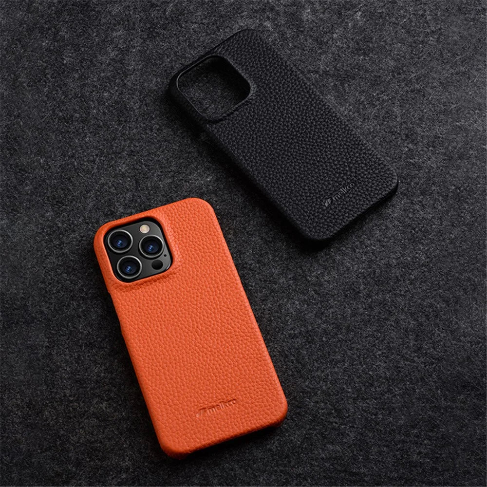MELKCO Incomplete Protective Cover for iPhone 15 Pro Max , Genuine Cow Leather Coated PC Phone Case - Orange - 5