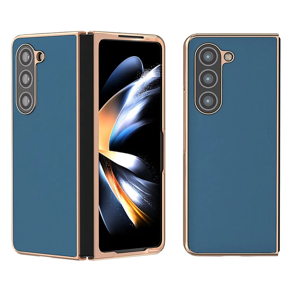 For Samsung Galaxy Z Fold5 5G Silky Feeling Phone Case Genuine Cow Leather + PC Electroplating Cover - Blue - 1