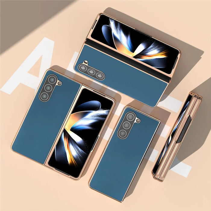 For Samsung Galaxy Z Fold5 5G Silky Feeling Phone Case Genuine Cow Leather + PC Electroplating Cover - Blue - 3