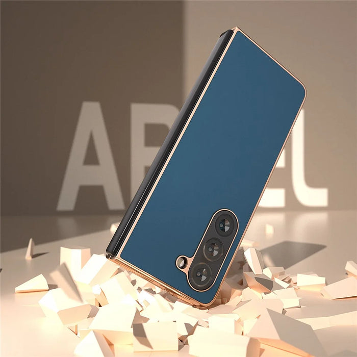 For Samsung Galaxy Z Fold5 5G Silky Feeling Phone Case Genuine Cow Leather + PC Electroplating Cover - Blue - 4