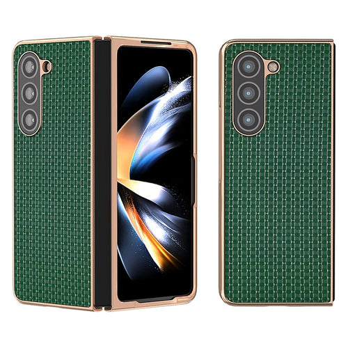 For Samsung Galaxy Z Fold5 5G Electroplating Back Cover Genuine Cow Leather + PC Luxury Texture Phone Case - Green - 1