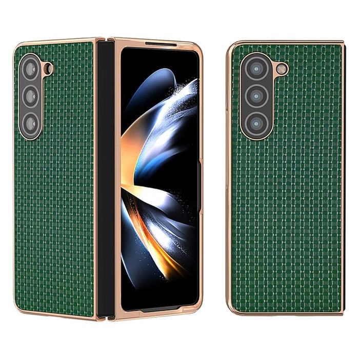 For Samsung Galaxy Z Fold5 5G Electroplating Back Cover Genuine Cow Leather + PC Luxury Texture Phone Case - Green - 1