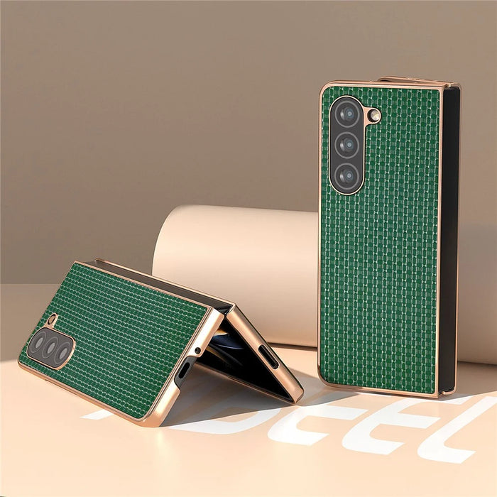 For Samsung Galaxy Z Fold5 5G Electroplating Back Cover Genuine Cow Leather + PC Luxury Texture Phone Case - Green - 2