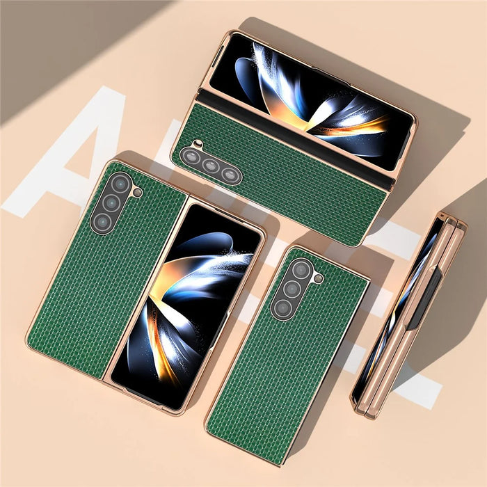 For Samsung Galaxy Z Fold5 5G Electroplating Back Cover Genuine Cow Leather + PC Luxury Texture Phone Case - Green - 3