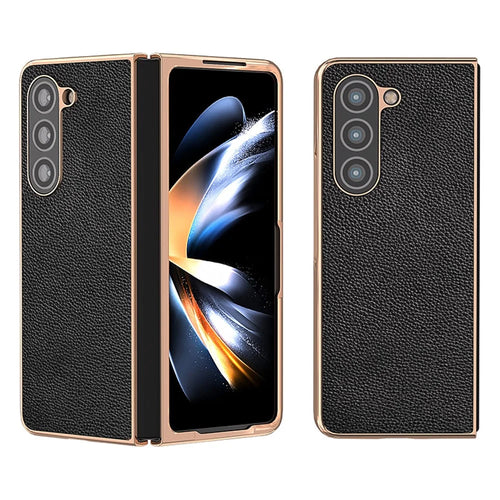 For Samsung Galaxy Z Fold5 5G Electroplating Phone Case Genuine Cow Leather + PC Litchi Texture Cover - Black - 1