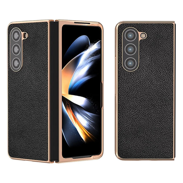 For Samsung Galaxy Z Fold5 5G Electroplating Phone Case Genuine Cow Leather + PC Litchi Texture Cover - Black - 1