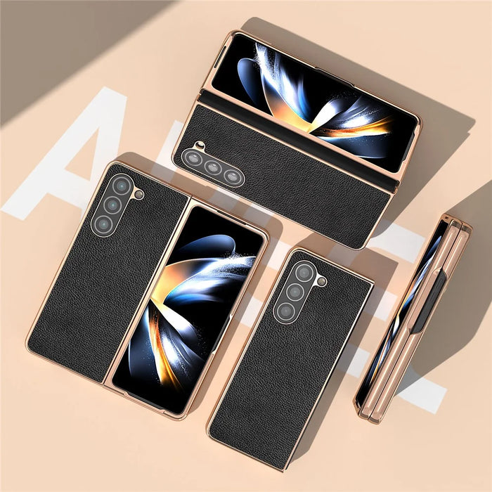 For Samsung Galaxy Z Fold5 5G Electroplating Phone Case Genuine Cow Leather + PC Litchi Texture Cover - Black - 3