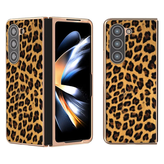 For Samsung Galaxy Z Fold5 5G Leopard Pattern PU+Hard PC Case Nano Electroplating Protective Phone Cover - Gold - 1
