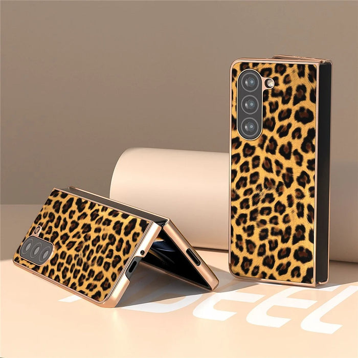 For Samsung Galaxy Z Fold5 5G Leopard Pattern PU+Hard PC Case Nano Electroplating Protective Phone Cover - Gold - 2