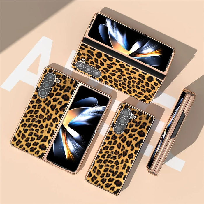 For Samsung Galaxy Z Fold5 5G Leopard Pattern PU+Hard PC Case Nano Electroplating Protective Phone Cover - Gold - 3