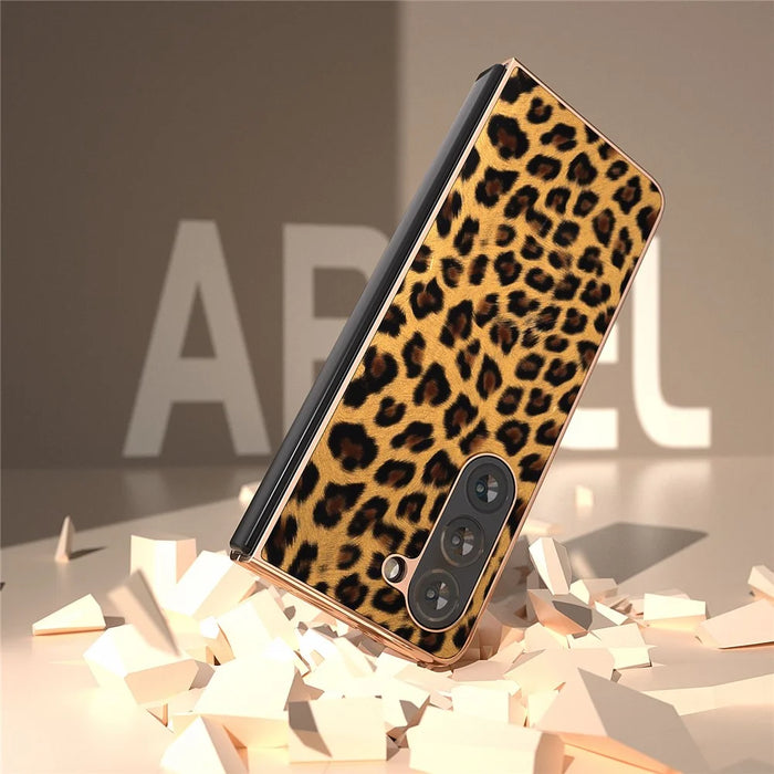 For Samsung Galaxy Z Fold5 5G Leopard Pattern PU+Hard PC Case Nano Electroplating Protective Phone Cover - Gold - 4