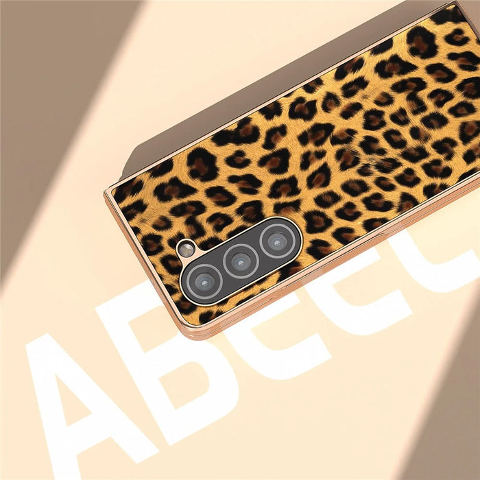 For Samsung Galaxy Z Fold5 5G Leopard Pattern PU+Hard PC Case Nano Electroplating Protective Phone Cover - Gold - 5