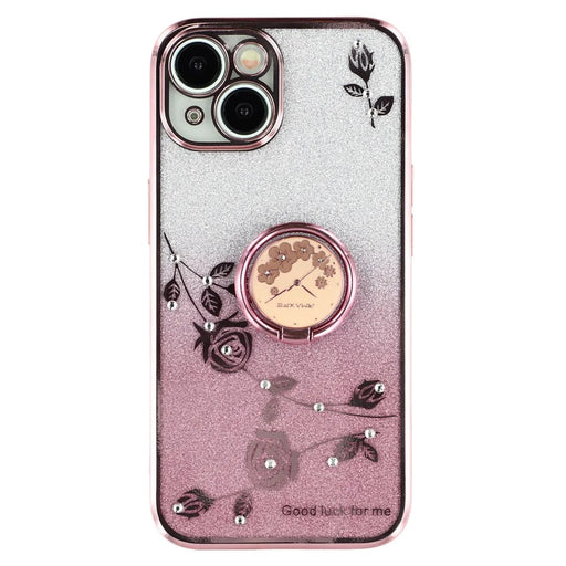 KADEM For iPhone 14 Plus Glitter Flower Pattern Cellphone Case with Ring Kickstand TPU Cover - Rose Gold - 1