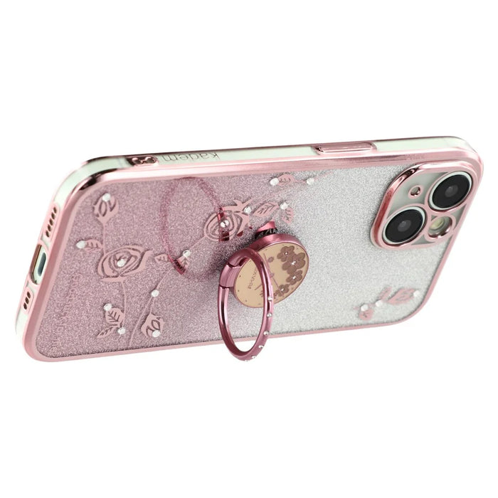KADEM For iPhone 14 Plus Glitter Flower Pattern Cellphone Case with Ring Kickstand TPU Cover - Rose Gold - 3