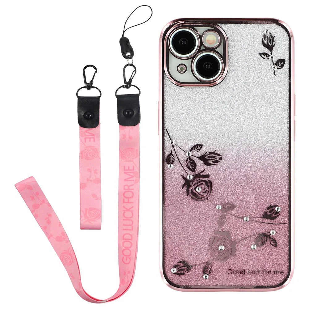 KADEM For iPhone 13 mini 5.4 inch Drop Proof TPU Phone Cover Flower Design Glitter Rhinestone Decor Phone Case with Strap - Rose Gold - 1