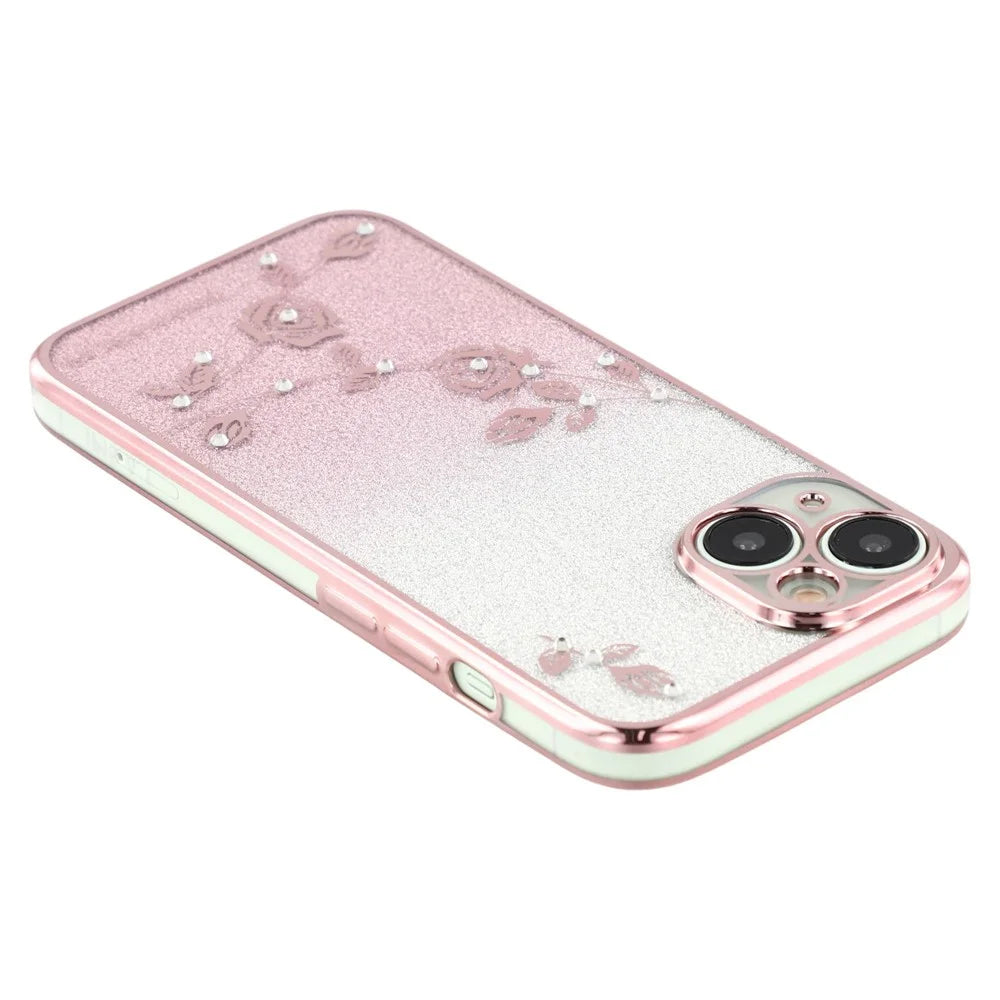 KADEM For iPhone 13 mini 5.4 inch Drop Proof TPU Phone Cover Flower Design Glitter Rhinestone Decor Phone Case with Strap - Rose Gold - 3