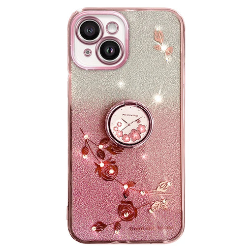 KADEM Cellphone Guard Case for iPhone 13 mini 5.4 inch , Ring Kickstand Flower Pattern Glitter TPU Cover - Rose Gold - 1