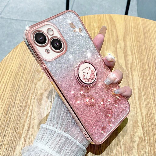 KADEM Cellphone Guard Case for iPhone 13 mini 5.4 inch , Ring Kickstand Flower Pattern Glitter TPU Cover - Rose Gold - 2