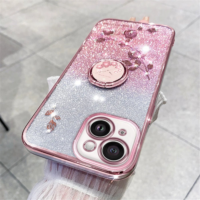 KADEM Cellphone Guard Case for iPhone 13 mini 5.4 inch , Ring Kickstand Flower Pattern Glitter TPU Cover - Rose Gold - 3