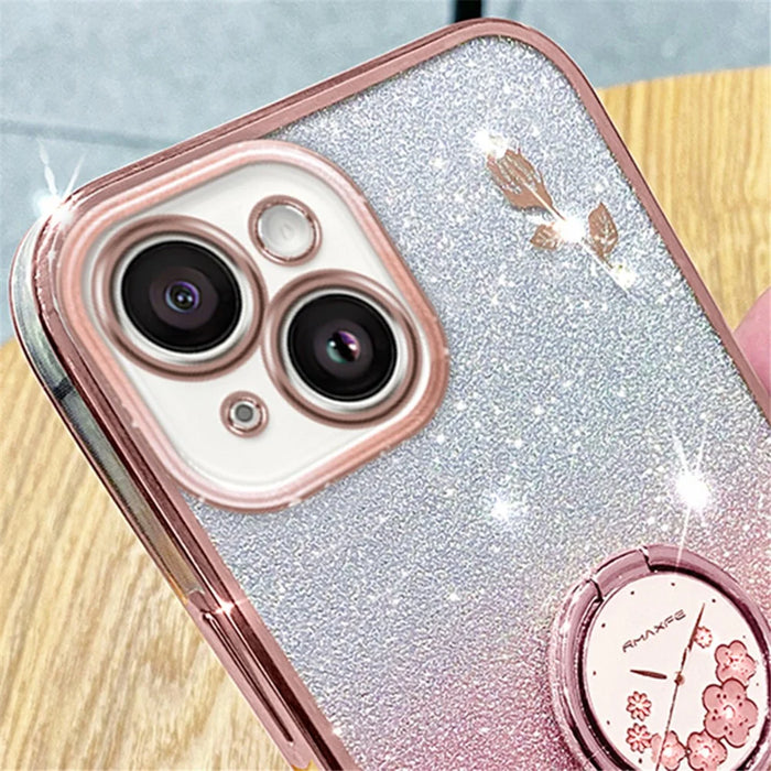 KADEM Cellphone Guard Case for iPhone 13 mini 5.4 inch , Ring Kickstand Flower Pattern Glitter TPU Cover - Rose Gold - 4
