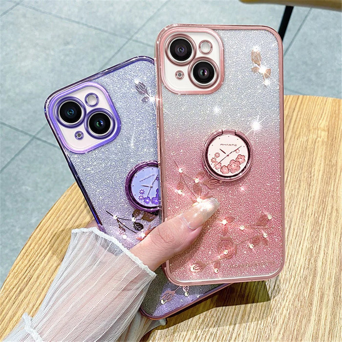 KADEM Cellphone Guard Case for iPhone 13 mini 5.4 inch , Ring Kickstand Flower Pattern Glitter TPU Cover - Rose Gold - 5