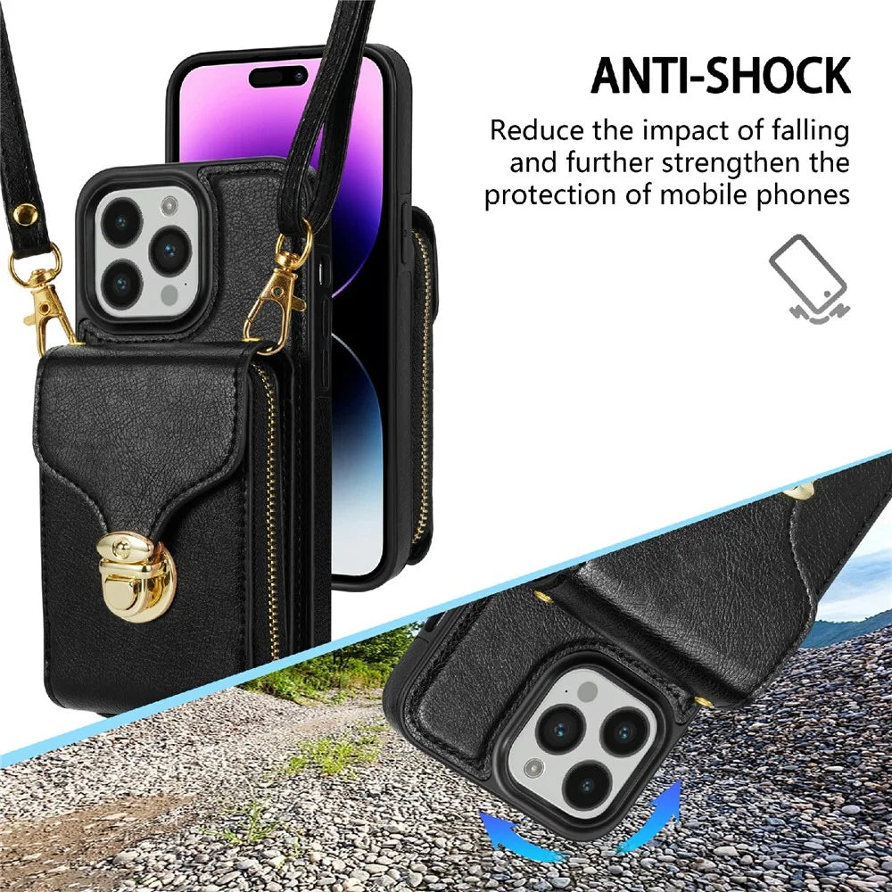 For iPhone 15 Pro Card Holder Zipper Pocket Case PU Leather + TPU Kickstand Phone Cover with Shoulder Strap - Black - 6