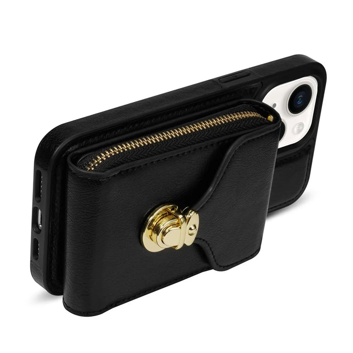For iPhone 15 Card Slot Phone Case PU Leather Coated TPU Zipper Pocket Kickstand Cover with Shoulder Strap - Black - 4